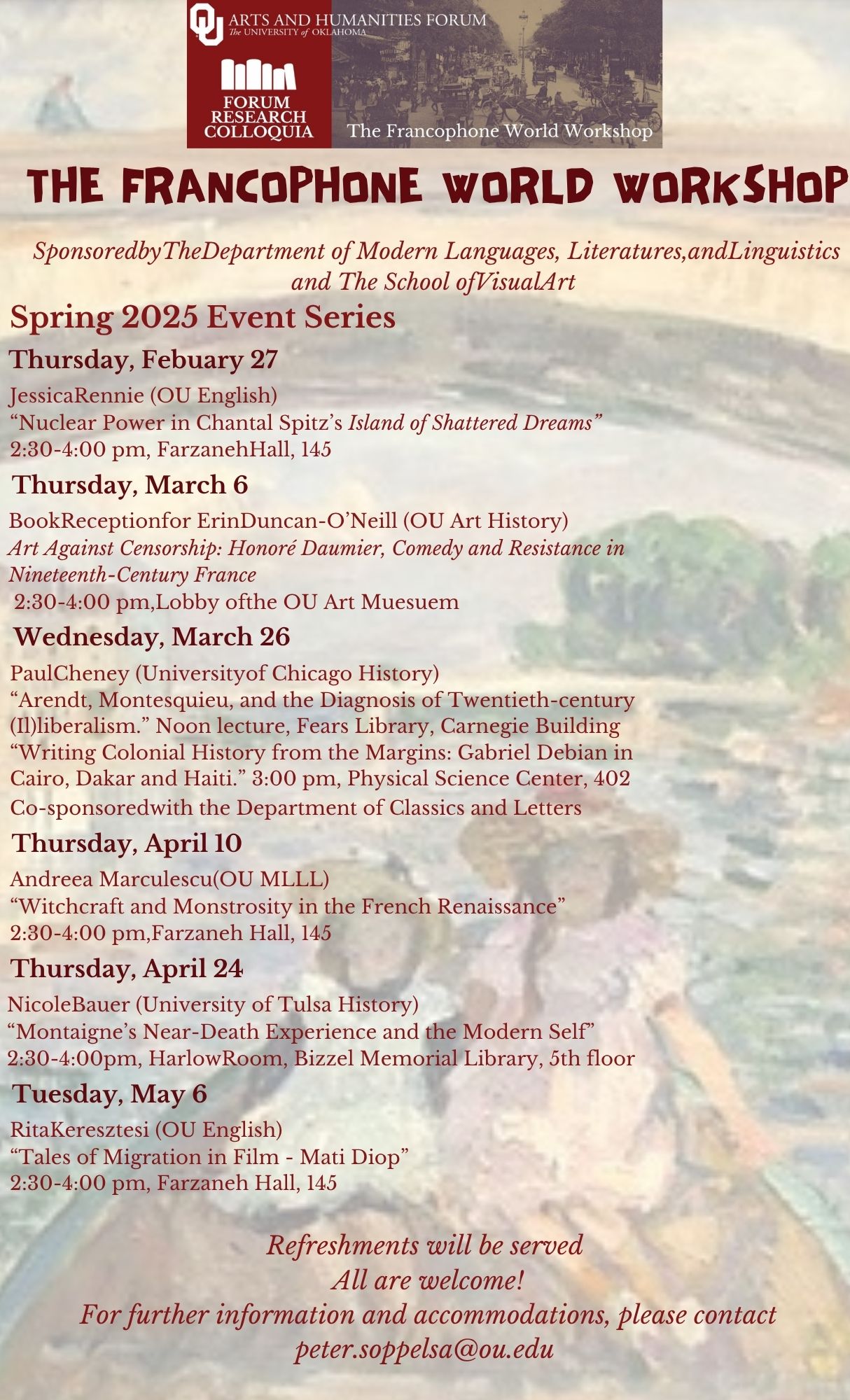 Spring 2025 Francophone World Workshop flyer featuring an impressionist French street painting background, the OU Arts and Humanities Forum logo, and a full schedule of speaker events set in the Forum's signature red typography.