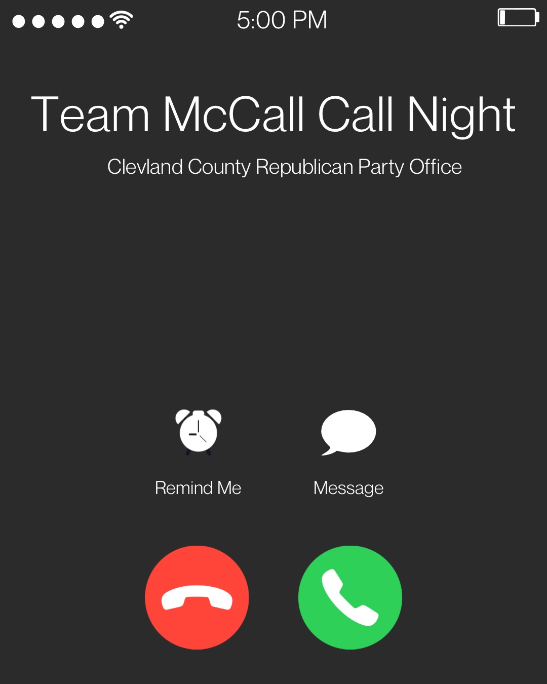 Recruitment flyer designed as an iPhone incoming call screen reading 'Team McCall Call Night — Cleveland County Republican Party Office'