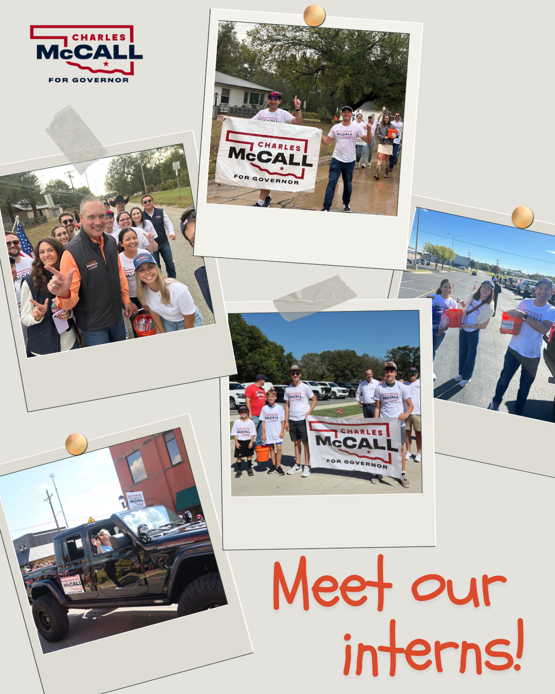 Scrapbook-style Instagram graphic featuring polaroid photos of McCall campaign interns with the hand-lettered phrase 'Meet our interns!'