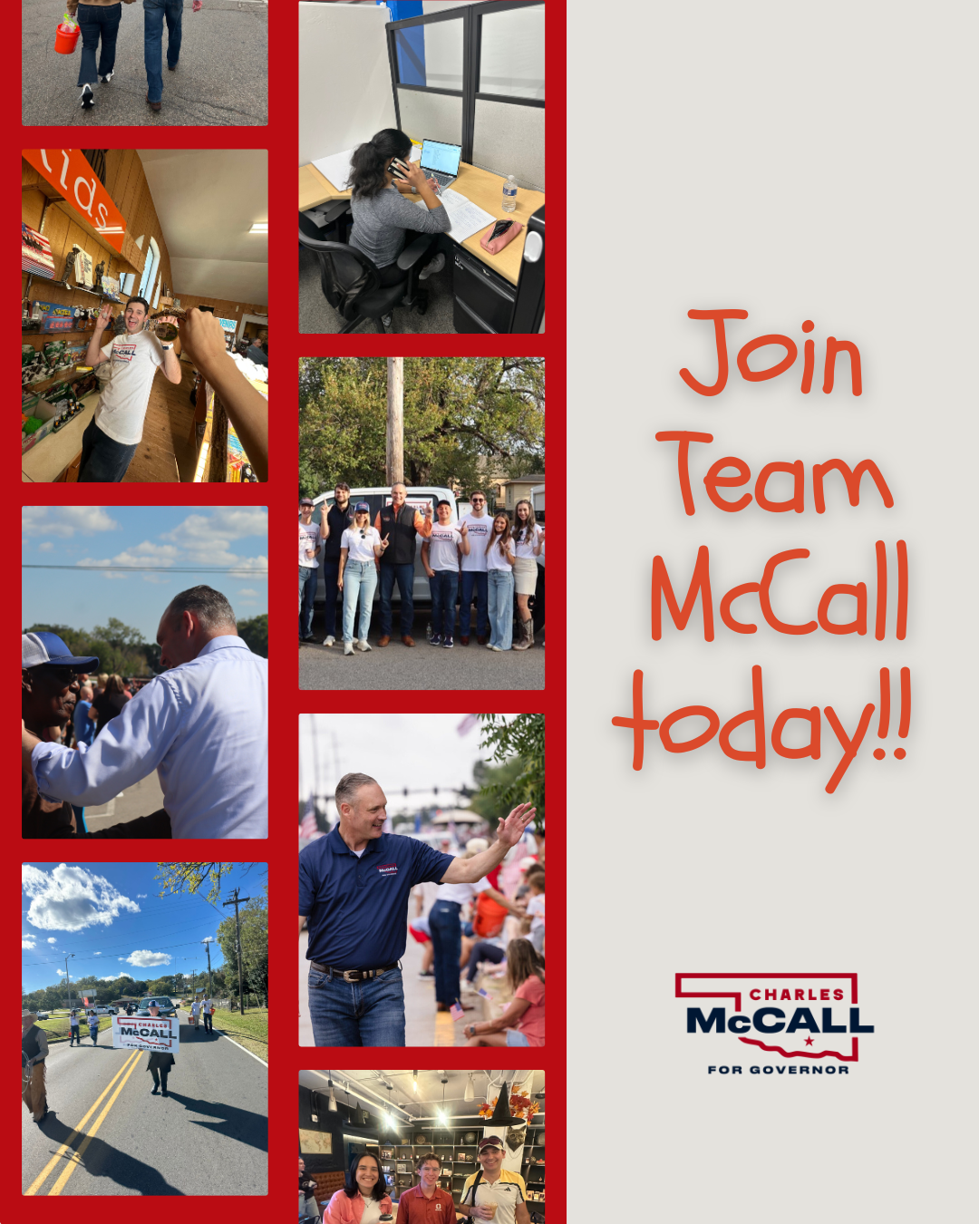 Second scrapbook-style Instagram graphic featuring a red-bordered photo collage of campaign moments alongside the hand-lettered phrase 'Join Team McCall today!!'
