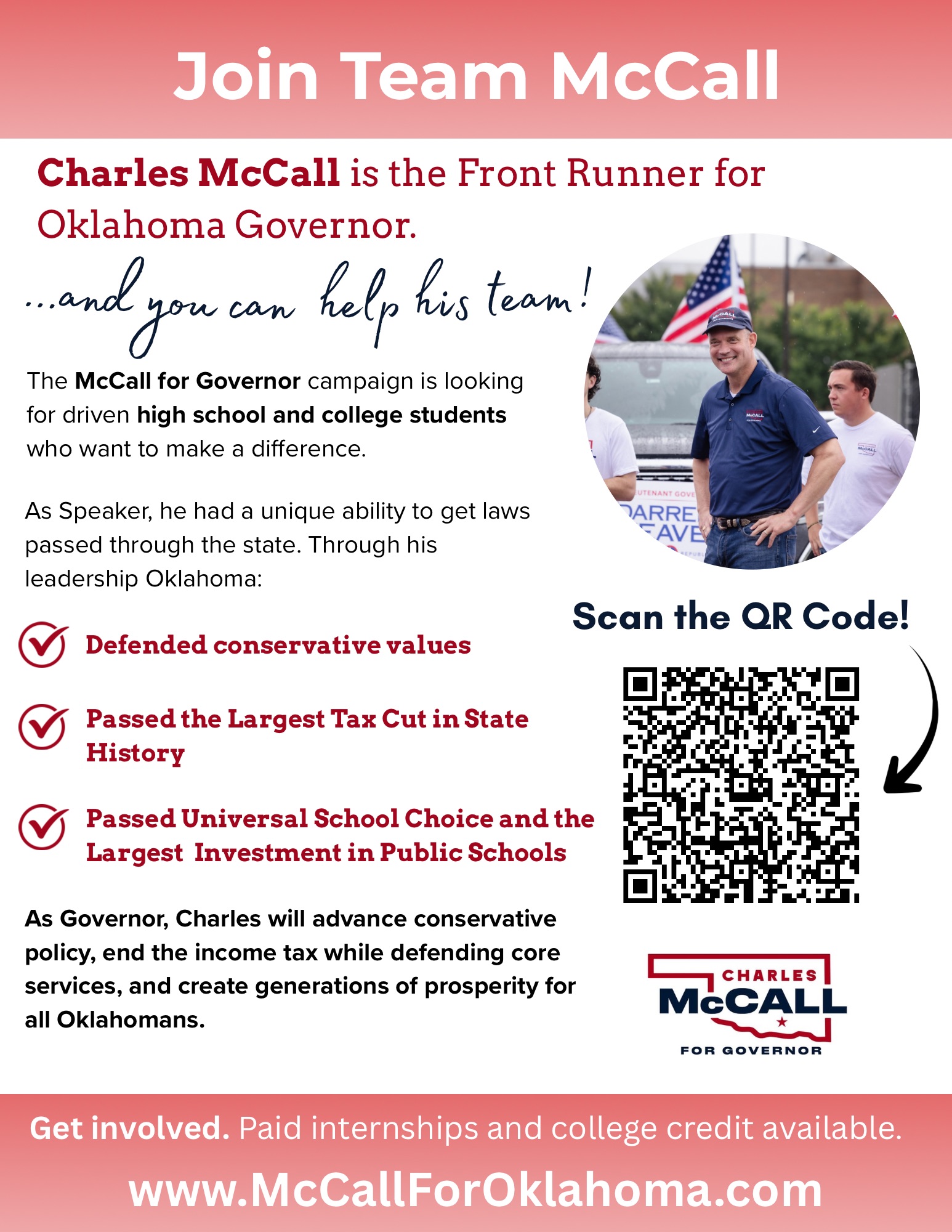 Volunteer outreach flyer for the McCall for Governor campaign with coral banners, a portrait of Charles McCall, policy highlights, and a QR code recruitment call to action