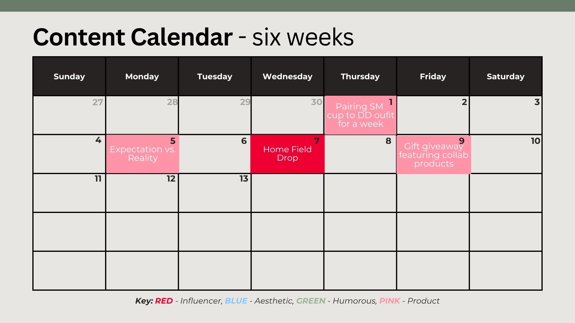 Simple Modern x Daily Drills six-week content calendar, page two
