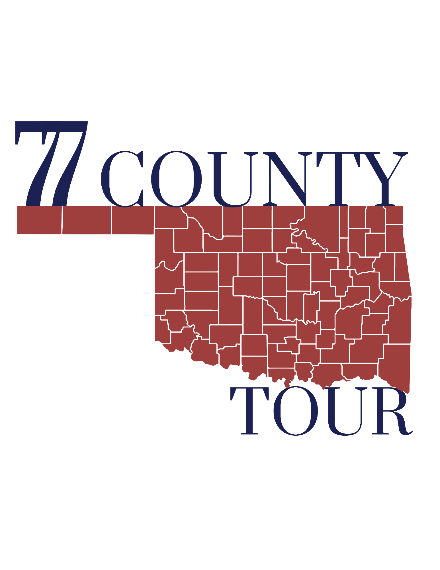77 County Tour logo — interlocked navy serif sevens layered over a red outline of Oklahoma's 77 counties, with 'TOUR' set beneath the state silhouette.