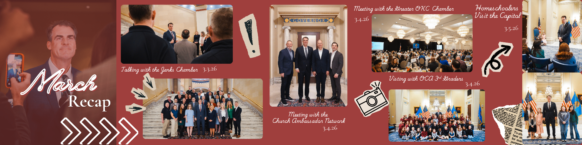 March Recap carousel slide one — collage of Governor Stitt meetings and visits with handwritten script labels on a warm red background.