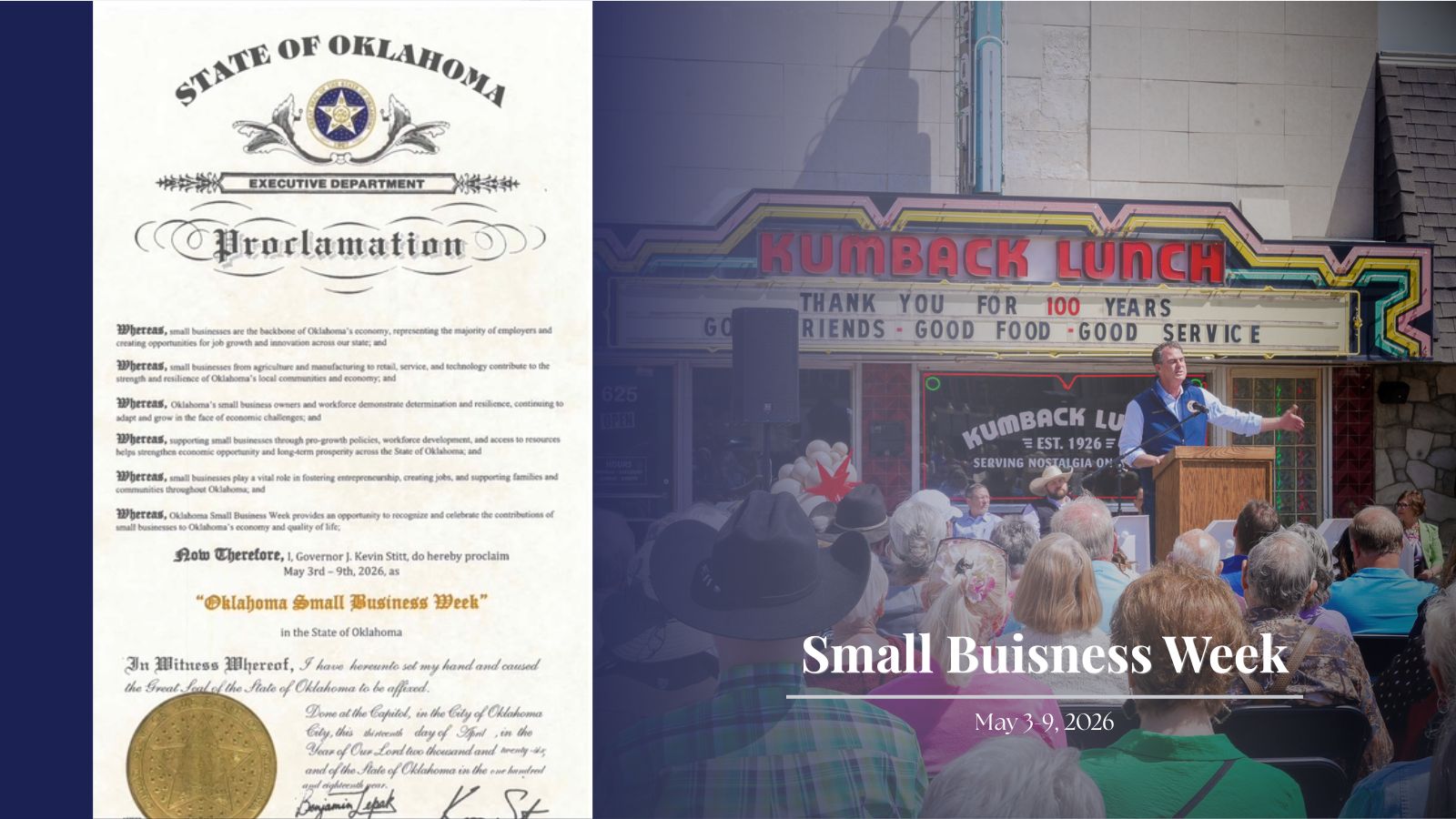 Oklahoma Small Business Week graphic featuring Governor Stitt's proclamation alongside a faded navy-toned photo of the Governor speaking at Kumback Lunch in Perry, Oklahoma.